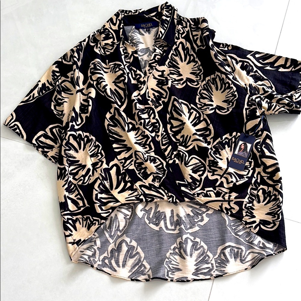 NWT RACHEL Rachel Roy Black and Cream Leaf Print Shirt